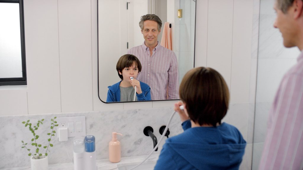 bathroom, brushing teeth, father and son